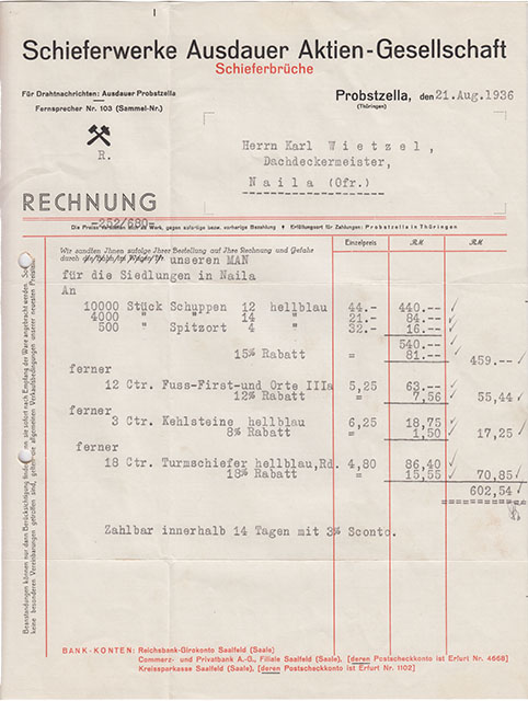 Bergbau Dokument: Schieferwerke Ausdauer Aktien Gesellschaft Probstzella 1936