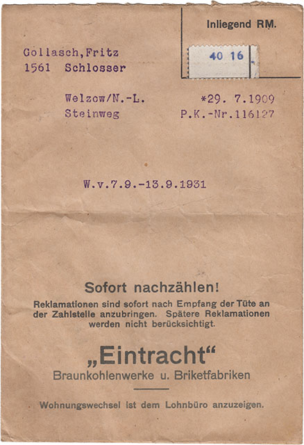 Bergbau Lohntüte der Braunkohlenwerke und Briketfabriken Eintracht Bergbau Lohntüte der Braunkohlenwerke und Briketfabriken Eintracht