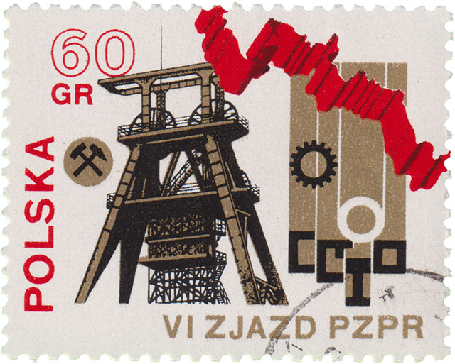 Bergbau Briefmarke Polen - Motiv: Glück Auf und Förderturm