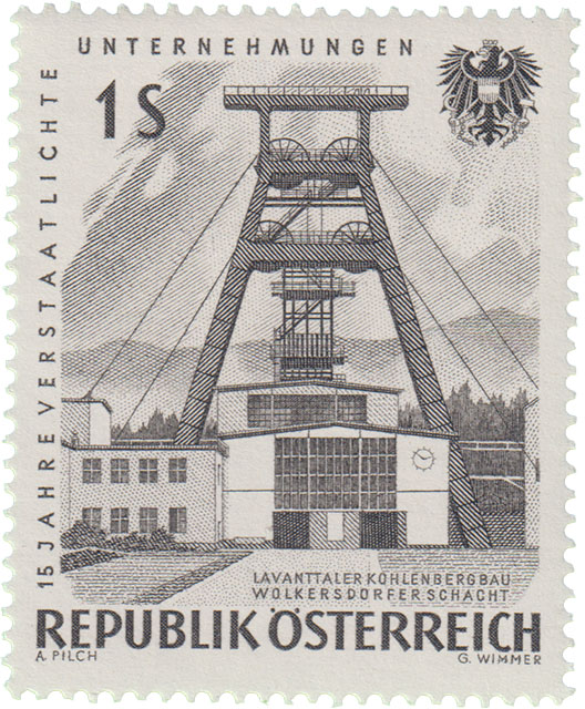 Bergbau Briefmarke aus Österreich Bergbau Briefmarke aus Österreich mit Förderturm