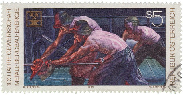 100 Jahre Gewerkschaft Metall Bergbau Energie Republik Österreich Briefmarke Bergbaumotiv
