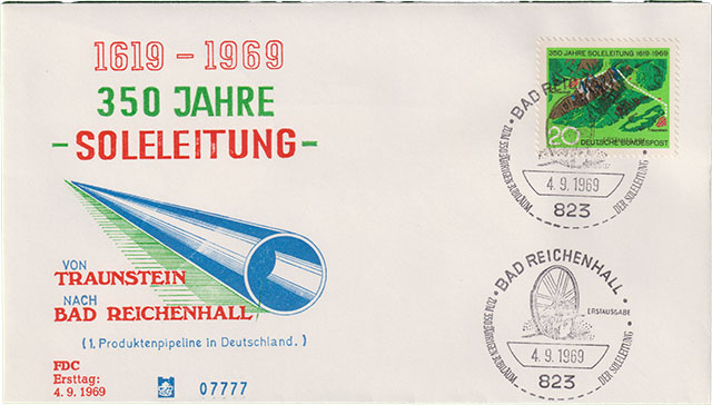 Ersttagsbrief Bergbau: 350 Jahre Soleleitung von Traunstein nach Bad Reichenhall FDC Erstagsbrief Bergbau