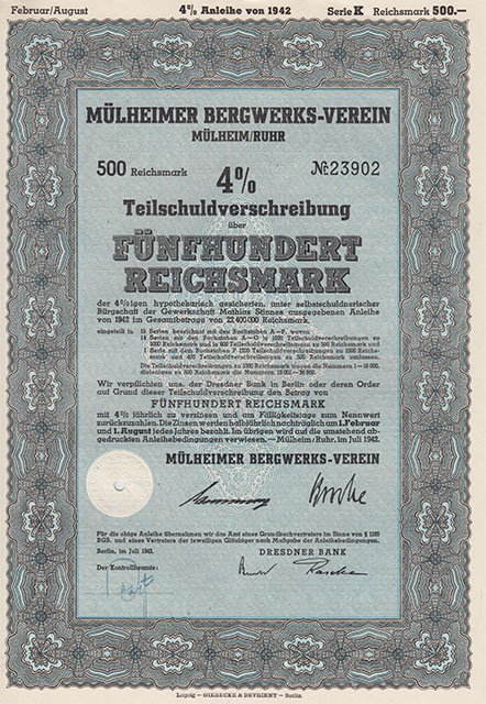 Mühlheimer Bergwerks Verein Teilschuldverschreibung über fünfhundert Reichsmark