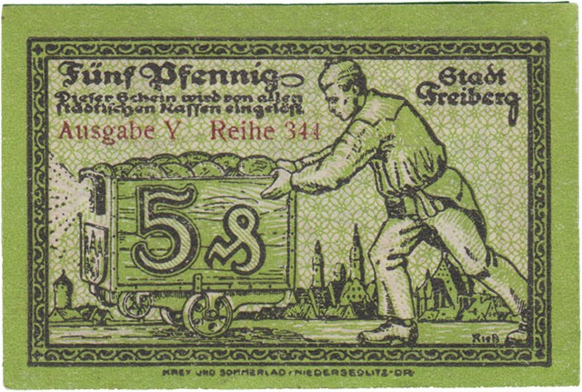 Fünf Pfennig Freiberg Notgeld mit Lore