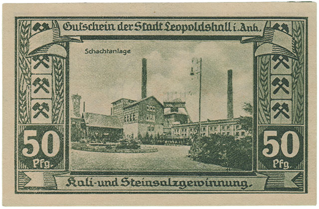 Gutschein der Stadt Leopoldshall - Kali und Steinsalzgewinnung - Schachtanlage - Notgeld Seite 1