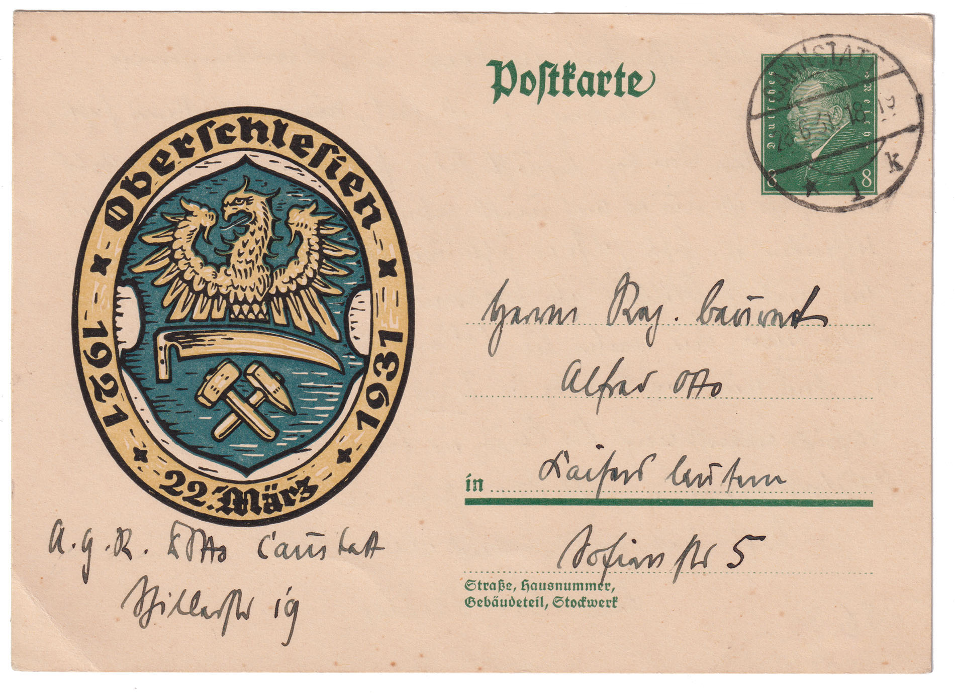 Bergbau Postkarte Oberschlesien 22 Maerz 1921 1931